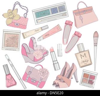 Women shoes, makeup and bags element set. Stock Vector