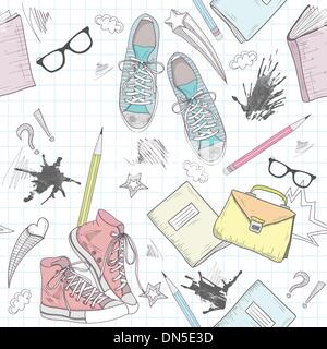 Cute school abstract pattern. Seamless pattern with shoes, bags, Stock Vector