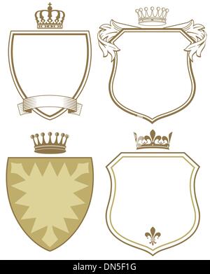 Coat of arms with golden monarch crown, shield and red folded cloth or ...