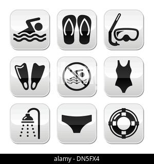 Swimming, scuba diving, sport vector buttons set Stock Vector