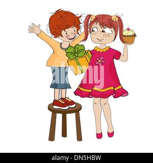 little boy with a funny little girl celebrates his birthday Stock Vector