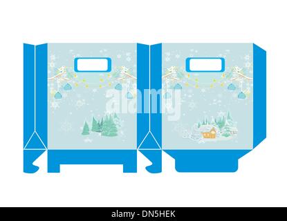 Decorative gift box with Christmas balls ,birds and winter lands Stock Vector