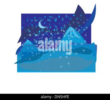 Beautiful wintry landscape with night sky, mountains and light m Stock Vector