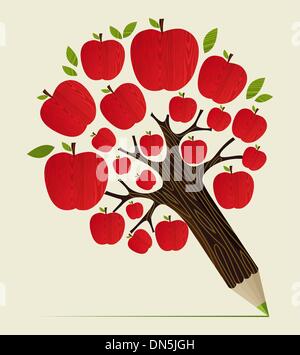 Red apples tree pencil concept Stock Vector