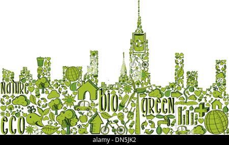 Green city silhouette with environmental icons Stock Vector