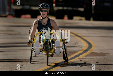 Nov 05, 2006; San Diego, CA, USA; ERICA DAVIS finishes the 13th Annual San Diego Triathlon Challenge riding a hand cycle, which is a fundraising event for able bodied, and physically challenged athletes. The money raised supports programs that assist challenged athletes through the Challenged Athletes Foundation. Mandatory Credit: Photo by Howard Lipin/SDU-T/ZUMA Press. (©) Copyrig Stock Photo