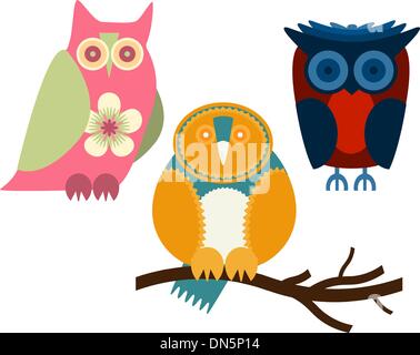 cute colorful cartoon owls sitting on tree branch with flowers Stock ...