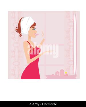 woman brushing her teeth in the bathroom Stock Vector