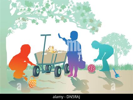 Small children play in the sandbox Stock Vector