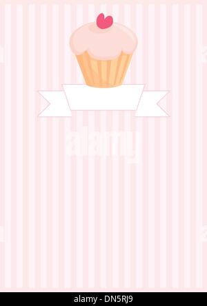 Vector button, restaurant menu card, list or wedding invitation with sweet muffin cupcake, pink background and heart Stock Vector