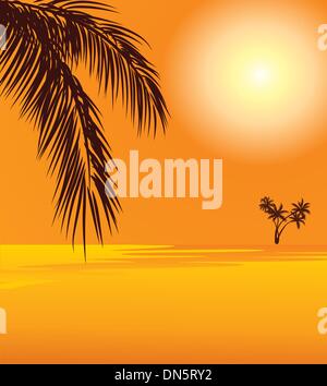 red sunset and palm on the beach Stock Vector
