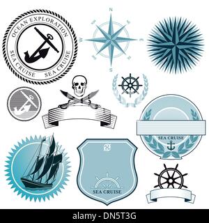 Nautical vector icons of marine ship anchor and helm, sailor compass or  lifebuoy and sea waves. Heraldic emblems, ribbons and badges of seafarer or  vo Stock Vector Image & Art - Alamy