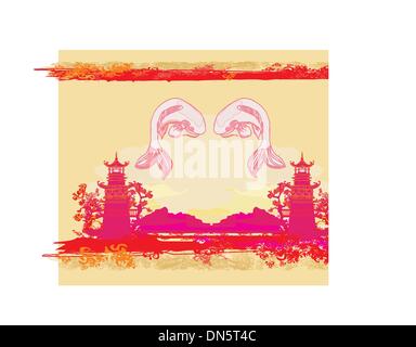 japanese koi and ancient building background Stock Vector