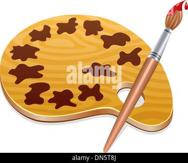 wooden art palette with blobs of paint and a brush Stock Vector