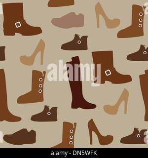 Seamless pattern with different kind of shoes. Boots, heels, shearling boots, riding boots and more. Stock Vector
