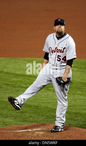 Oct 24, 2006 - St. Louis, MO, USA - Detroit Tigers pitcher JOEL ZUMAYA reacts after running up a count of three balls and one strike to St. Louis Cardinals' Preston Wilson in the seventh inning in game three of the World Series at Busch Stadium. Wilson was walked, and then scored on Zumaya's throwing error. (Credit Image: © J. B. FORBES/St Louis Post Dispach/ZUMA Press) RESTRICTION Stock Photo
