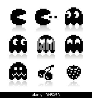 Pacman, ghosts, 8bit retro game icons set Stock Vector