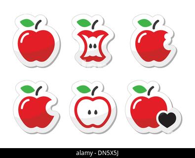 Apple, apple core, bitten, half vector labels set Stock Vector