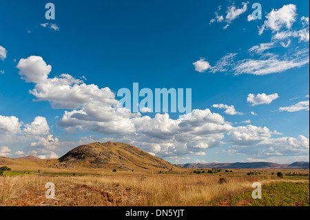 Vast arid landscape, blue sky with clouds, Isalo National Park near Ranohira, Madagascar Stock Photo