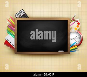 Back to school. Background with blackboard and school supplies. Stock Vector