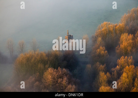 Aerial view, lookout tower in the nature reserve LIFE project Lippeauen, Hamm, Ruhr area, North Rhine-Westphalia, Germany
