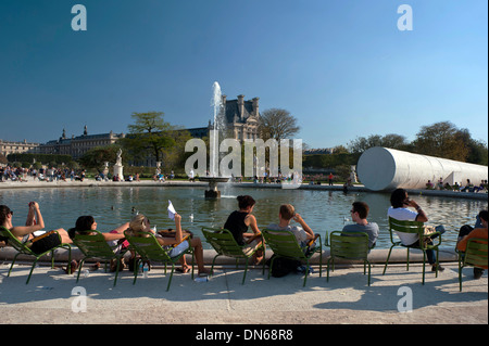 Paris, France, Crowd people Sitting in Chairs, Rear, Enjoying French Garden, Jardin des Tuileries, Tuileries Gardens Paris Stock Photo