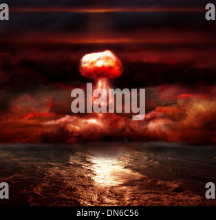 explosion of nuclear bomb over sea Stock Photo