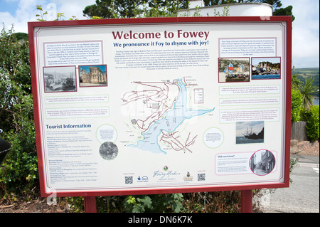 Fowey Tourist Information Map Sign Cornwall UK Stock Photo