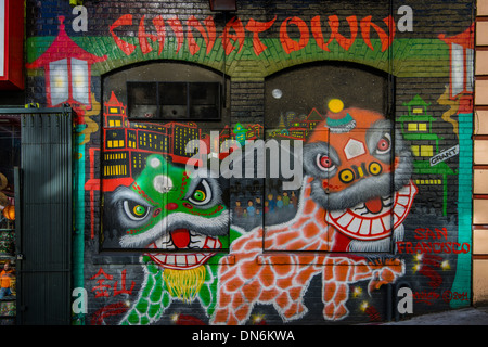 Colorful graffiti mural arts in Chinatown, San Francisco, California, USA Stock Photo