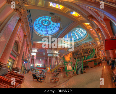 Interior view of the Manchester Royal Exchange Theatre beneath the historic glass dome of the former Royal Exchange building in Manchester, England. Stock Photo