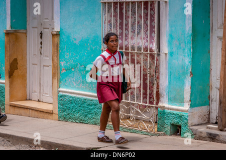 Cuban Schoolgirl On Her Way To School, Trinidad, Cuba Stock Photo