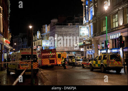 London, UK. 19th Dec, 2013. The injured are led to safety after the roof of the Apollo theatre collapses in London's Shaftsbury Avenue injuring more than 80 people. Credit:  Pete Maclaine/Alamy Live News Stock Photo