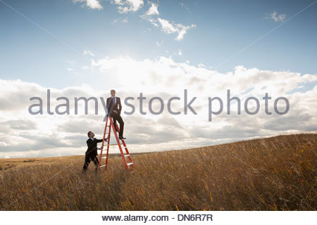 Businessmen with step ladder in field