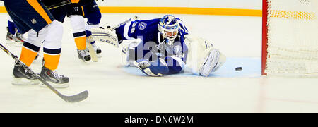 Tampa, Florida, USA. 19th Dec, 2013. DIRK SHADD | Times .Tampa Bay Lightning goalie Anders Lindback (39) remains down as the puck bounces out of the back of the net as the Nashville Predators score their first goal f the game during second period action at the Times Forum in Tampa Thursday evening (12/19/13) Credit:  Dirk Shadd/Tampa Bay Times/ZUMAPRESS.com/Alamy Live News Stock Photo