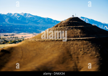 Tenderfoot Mountain near Salida, Colorado, with Collegiate Peaks, Rocky Mountains, & Arkansas River Valley beyond. Stock Photo