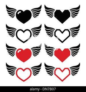 Heart with wings icons set Stock Vector