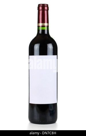 Wine bottle with red wine and an empty label isolated on a white background Stock Photo