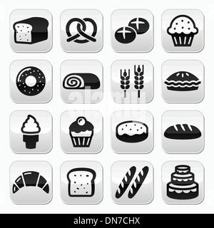 Bakery, pastry buttons set - bread, donut, cake, cupcake Stock Vector