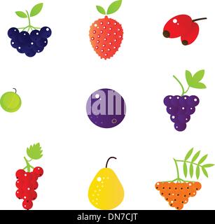 Fresh summer berries and exotic fruit set isolated on white Stock Vector