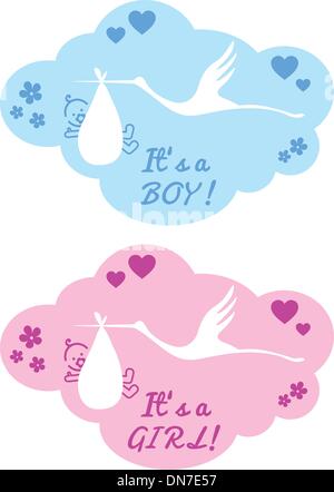 stork with baby boy and girl, vector Stock Vector