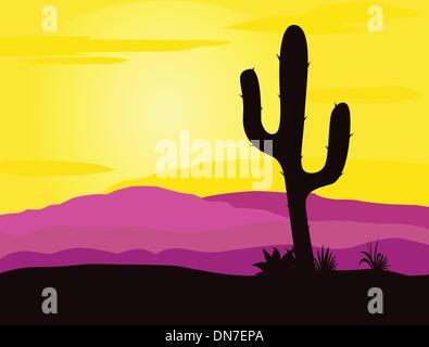 Mexico desert sunset with cactus plants silhouette and mountains Stock Vector