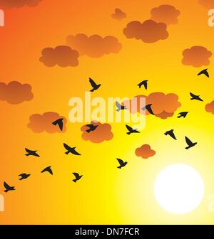 vector flock of flying birds, clouds and bright sun Stock Vector