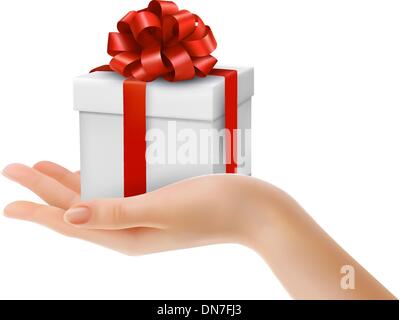 Gift box in hand with red bow and ribbons. Vector. Stock Vector