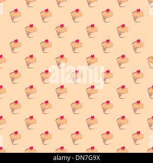 Seamless vector pattern or texture with cupcakes, muffins, sweet cake and red heart on top Stock Vector