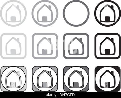 Home icon vector set. Black and grey house in different shapes isolated on white background. Stock Vector