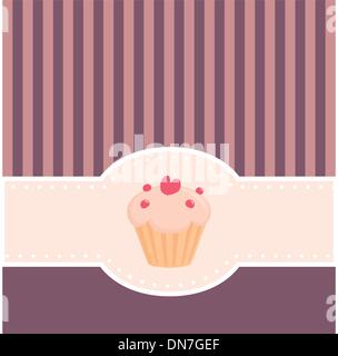 Vector wedding card, restaurant menu or baby shower invitation with sweet muffin cupcake, heart and pink violet strips. Stock Vector