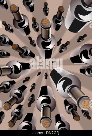 Wine bottles in an overhead converging pattern Stock Vector