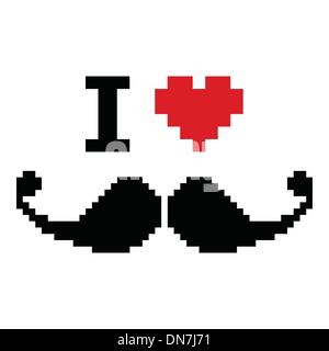 I love mustache pixelated, retro geeky sign Stock Vector