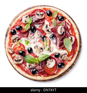 Italian pizza with salami, mushrooms, olives and basil leaves on white background Stock Photo