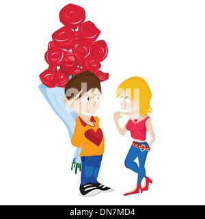 Young Couple in Love. Boy hiding flowers from girlfriend Stock Vector